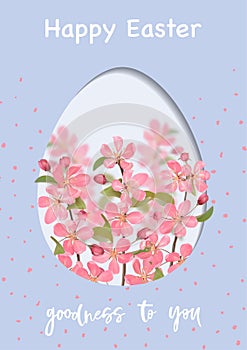 Happy Easter Cover with egg and realistic cherry blossom