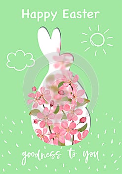 Happy Easter Cover with rabbit and realistic cherry blossom
