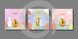 Happy Easter Covers hand drawn set with gold egg and rabbits