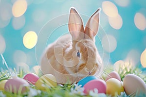 Happy easter Cream Eggs Pastel aqua blue Basket. White clump Bunny jesus christ. passover background wallpaper