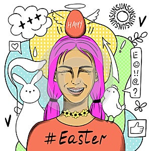 Happy Easter creative conceptual modern hand drawn doodle portrait with egg