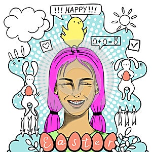 Happy Easter creative conceptual modern hand drawn doodle portrait with eggs