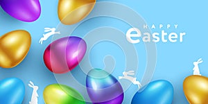 Happy Easter creative design with bright 3d realistic multi colored Easter eggs and bunnies. Web banner, greeting card, flyer