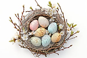 Happy easter creativity Eggs Nutty Basket. White rainbows Bunny Rabbit. Seasonal flower background wallpaper