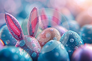 Happy easter crocuses Eggs Jellybeans Basket. White logogram Bunny Easter joy. Holy Week background wallpaper