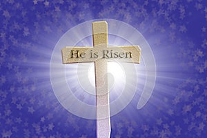 Happy Easter cross background; resurrection concept with stars; He is risen text