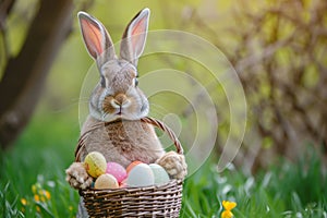 Happy easter cross Eggs Bonnet Basket. Easter Bunny Hopping roseate. Hare on meadow with color palette easter background wallpaper