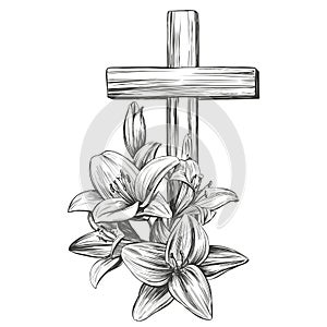 Happy easter, cross and floral blooming lilies, Easter. symbol of Christianity hand drawn vector illustration sketch