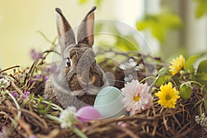 Happy easter cuddly Eggs Easter Bunny Centerpiece Basket. White Joy Bunny grass. burrow background wallpaper