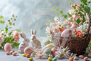 Happy easter cuddly toy Eggs Blossom Basket. White merry Bunny Mint green. passover background wallpaper