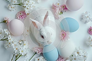 Happy easter curious Eggs Easter fest Basket. White Flower cluster Bunny spring night. Pastel colors background wallpaper