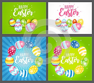 Happy Easter Cute Background with Eggs. Collection Set Cards. Vector Illustration