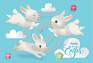Happy Easter Cute Bunny Vector Illustration Set. Spring White Animal, Flower and Cloud Isolated Element Collection for