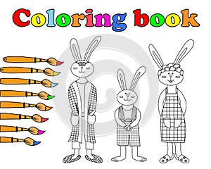 Happy Easter. Cute cartoon hare family vector coloring page outline. Bunny rabbit family. Vector illustration of happy