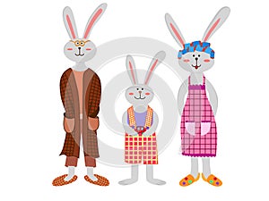 Happy Easter. Cute cartoon hare family vector illustration. Bunny rabbit family. Father, mother and baby boy