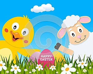 Happy Easter with Cute Chick and Lamb