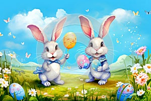 Happy Easter! Cute Easter bunnies playing in a meadow with Easter eggs, flowers - decoration concept for Easter greetings