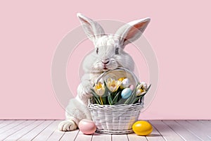 Happy Easter. Cute Easter bunny brings flowers in a basket and colored eggs, Copy space