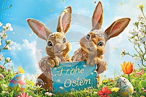 Happy Easter! Cute Easter bunny with Easter eggs, flowers and sign with german Easter greetings - decoration concept for Easter