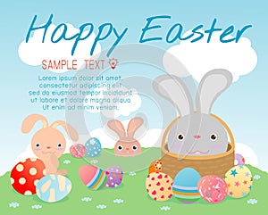 Happy Easter,cute Easter rabbits with Easter eggs, bunny with colorful easter eggs on grass, bunny and Easter eggs,rabbit and East