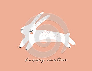 Happy Easter. Cute Easter Vector Illustration with White Funny Bunny isolated on a Coral Red Background.