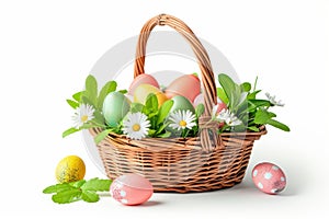 Happy easter cute Eggs Silly Basket. White cool colors Bunny Easter event. Egg tree background wallpaper