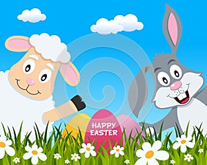 Happy Easter with Cute Lamb and Rabbit