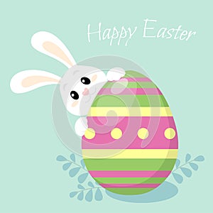 Happy Easter. Cute little bunny with Easter egg. Greeting card in flat style