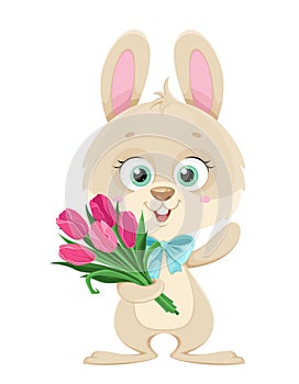 Happy Easter. Cute little bunny holding tulips