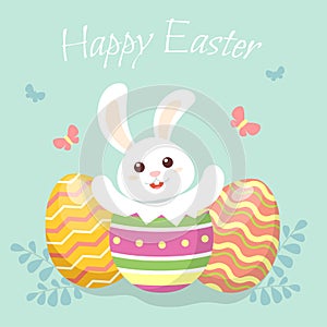 Happy Easter. Cute little bunny sitting in Easter egg. Greeting card in flat style