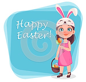 Happy Easter. Cute little girl wears bunny ears