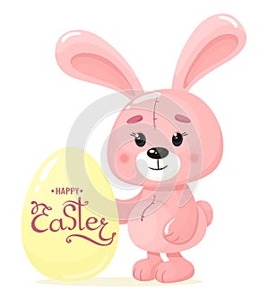 Happy easter. Cute pink bunny with an egg and handwritten text. Vector illustration in cartoon style. White background.