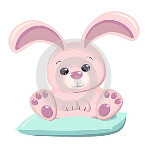 Happy Easter cute pink bunny rabbit on the blue pillow. A greeting card or banner of bright colors. Vector illustration