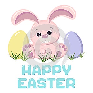 Happy Easter cute pink bunny rabbit in the grass with painted eggs. A greeting card or banner of bright colors. Vector