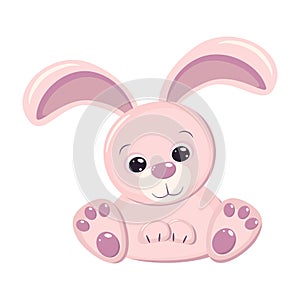 Happy Easter cute pink rabbit isolated on white background. Greeting card or banner with bunny in delicate colors