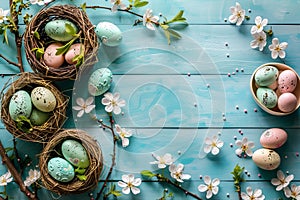 Happy easter cute plush Eggs Spring Basket. White Surreal Bunny resurrection celebration. Grinning background wallpaper