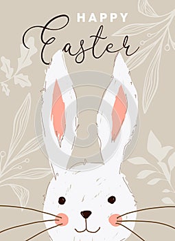 Happy easter cute rabbit cartoon in hand drawn art greeting card illustration