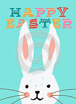 Happy easter cute rabbit cartoon in hand drawn style poster illustration