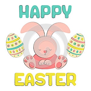 Happy Easter cute rabbit and Easter eggs isolated on white background. Postcard or banner in delicate colors-pink, blue