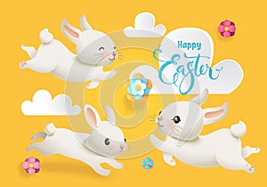 Happy Easter Cute Rabbit Vector Collection. Spring White Bunny, Flower and Cloud Isolated Round Element Set for