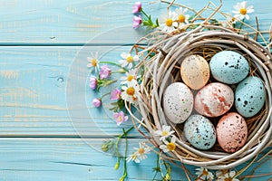 Happy easter Cyan blue Eggs Chick Basket. White easter begonia Bunny resurrection celebration. Easter egg tree background