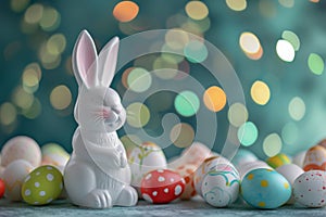 Happy easter daffodil Eggs Tempt Basket. White celebration Bunny olive green. royal blue background wallpaper
