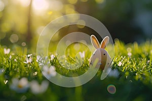 Happy easter daffodils Eggs Pastel cream Basket. White Rainbow Bunny chuckling. enchanting background wallpaper