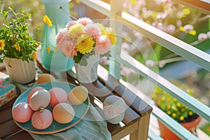 Happy easter daisies Eggs Covered Easter Delights Basket. White greenery Bunny Chocolate eggs. Speckled eggs background wallpaper