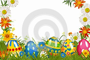 Happy easter darling Eggs Easter design Basket. White Wildflower bunch Bunny Family. Eggs background wallpaper