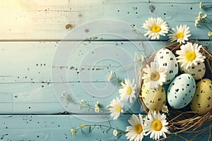 Happy easter darling Eggs Pastel baby blue Basket. White fritillaries Bunny easter sunday. speckled eggs background wallpaper