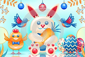 Happy Easter Day. 3d illustration of a rabbit holding carrots, chicks, eggs and birds