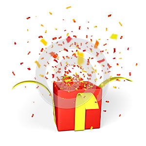 Happy Easter day background with confetti and open red gift box with yellow ribbon isolated on green background. Vector