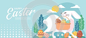 Happy easter day - A big white rabbit carries a basket with Easter eggs and Easter eggs on the ground vector design