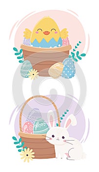 Happy easter day, bunny chicken basket eggs flowers cartoon